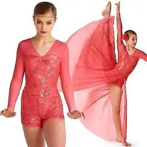 Coral orange Dance Costume E2191 2 piece maxi skirt leotard sequin CLA